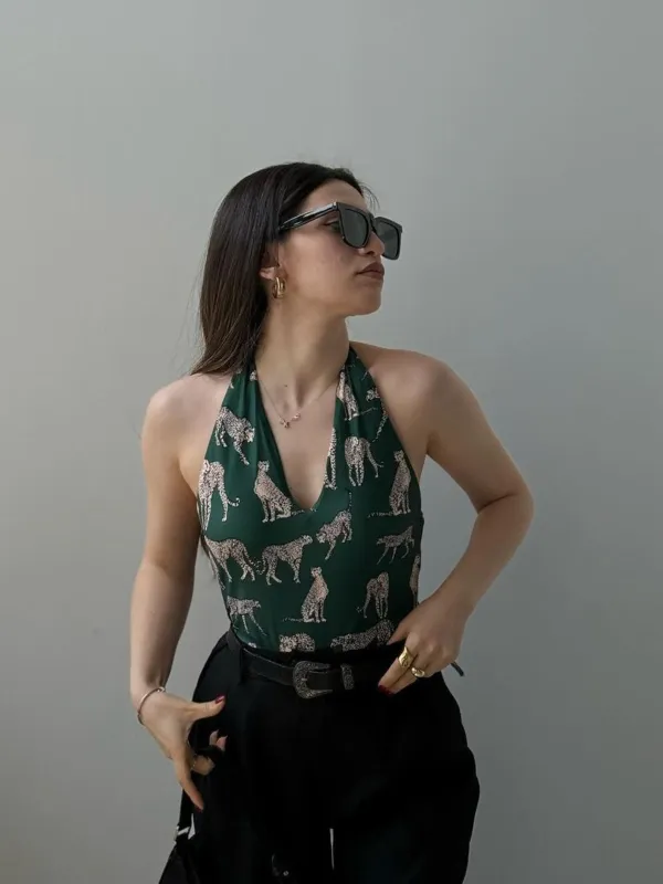 Green Jaguar Vintage Halter One-piece Swimsuit sold by Retro Stage