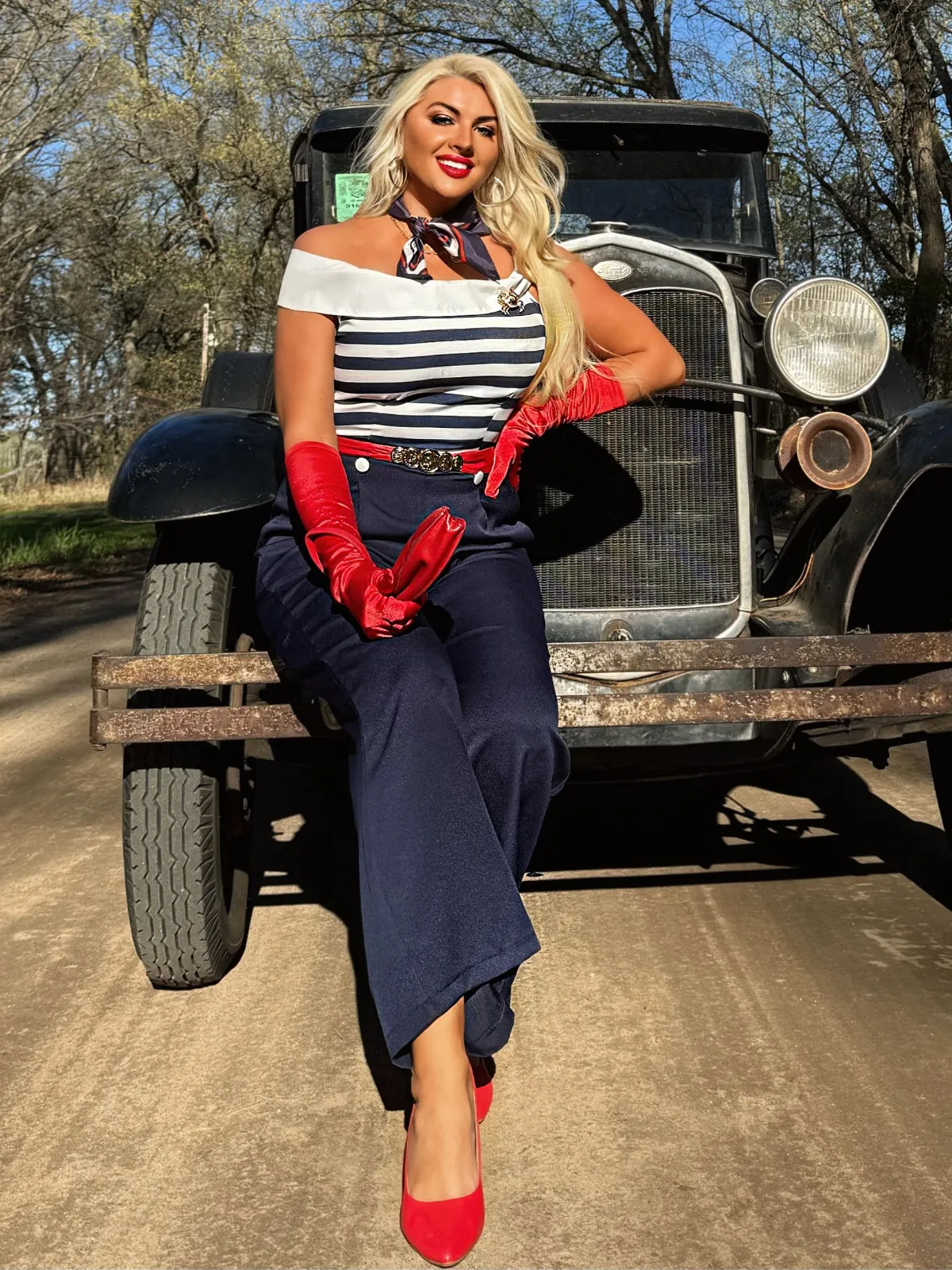 Dark Blue 1930s Stripe Off-Shoulder Jumpsuit sold by Retro Stage