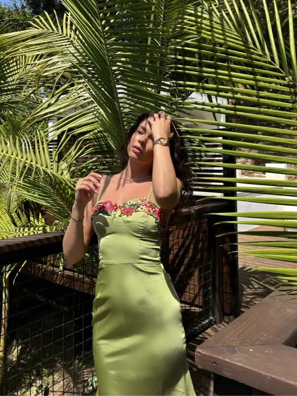 Green 1960s Spaghetti Strap 3D Floral Dress sold by Retro Stage