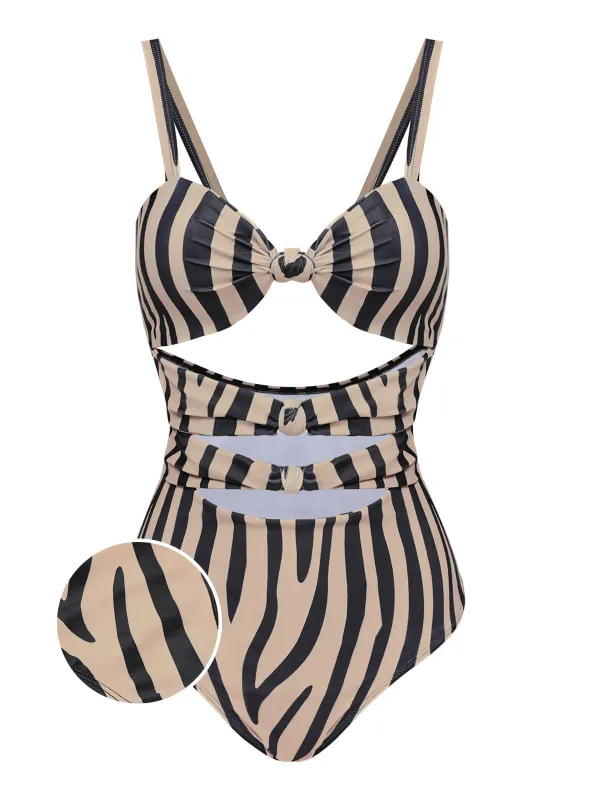 Brown Zebra Print Cutout One-Piece Swimsuit sold by Retro Stage