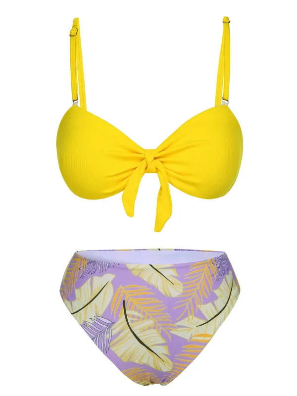 Yellow 1960s Plant Prints Halter Bow Swimsuit sold by Retro Stage