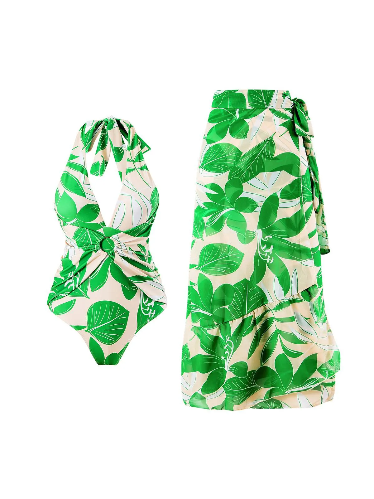 Green 1960s Plant Prints Halter One-Piece Swimsuit sold by Retro Stage product image thumbnail 3