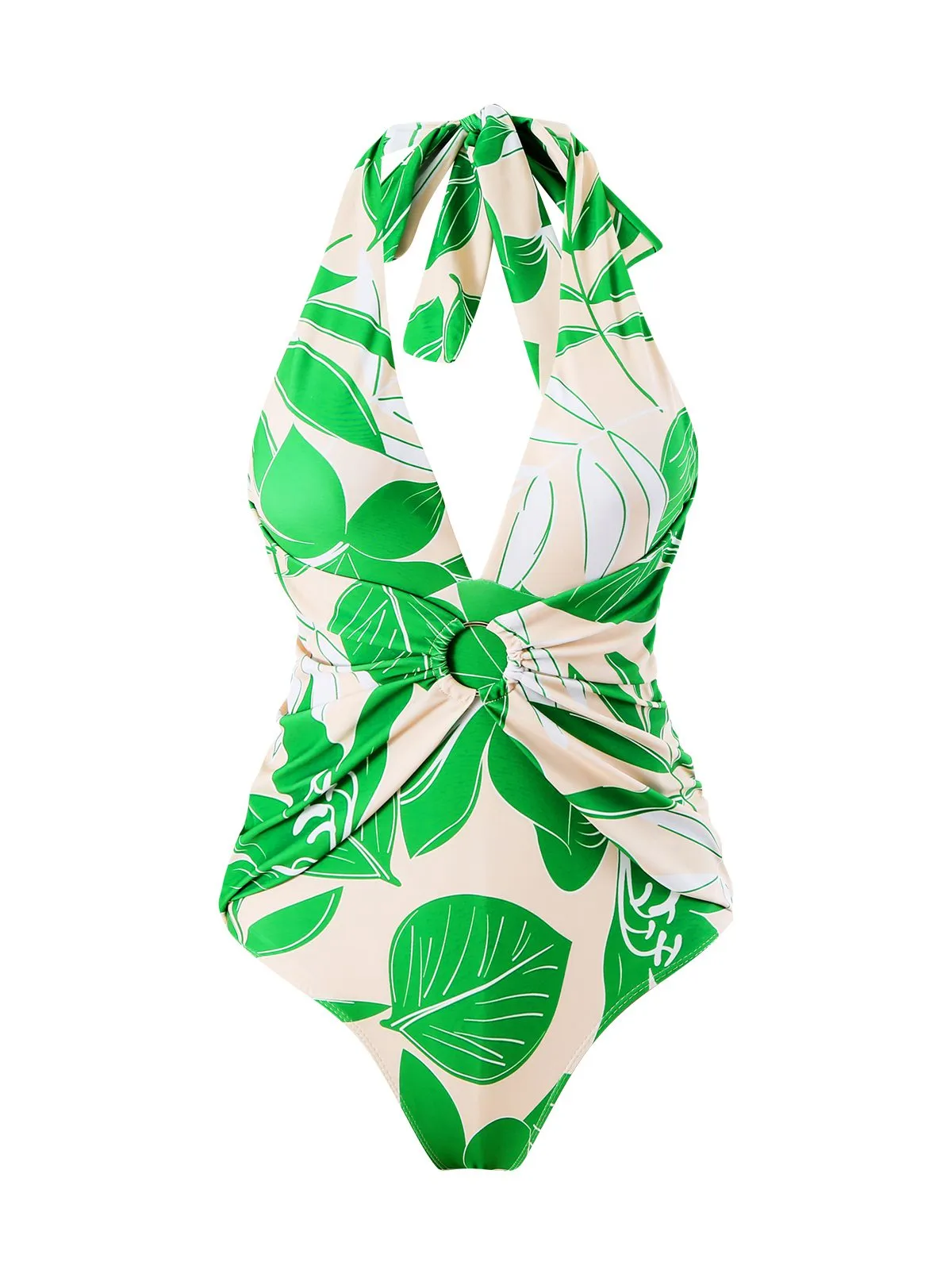 Green 1960s Plant Prints Halter One-Piece Swimsuit sold by Retro Stage