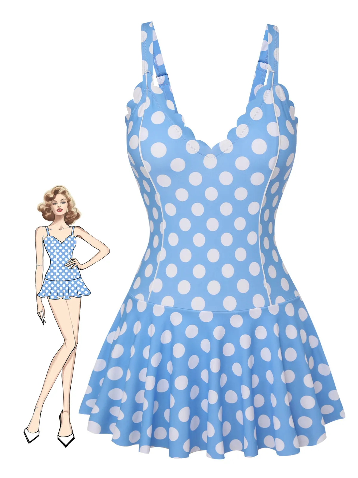 Blue 1960s Polka Dot Petal Neck Swimsuit sold by Retro Stage