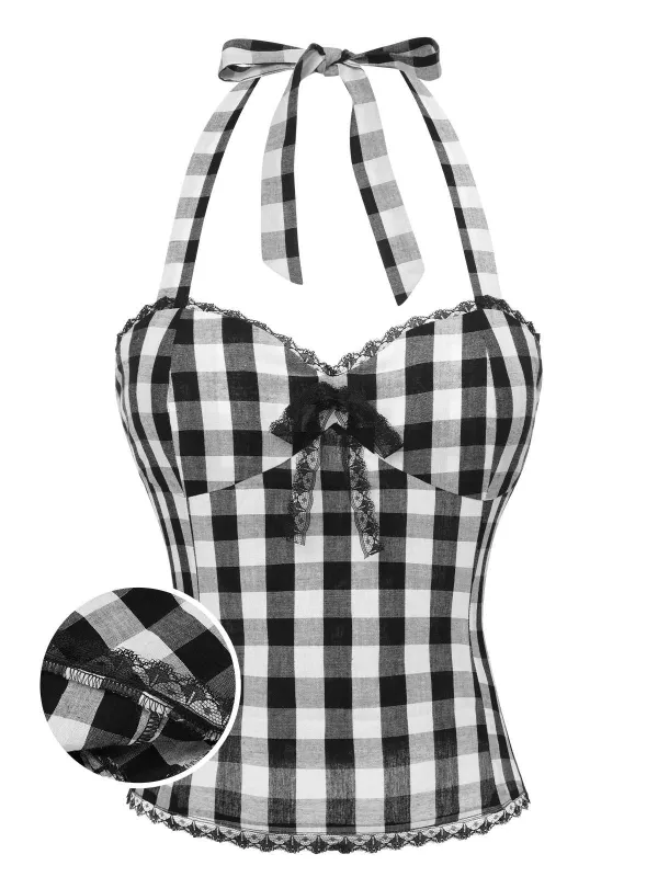 Black 1950s Plaid Halter Lace Bow Top sold by Retro Stage
