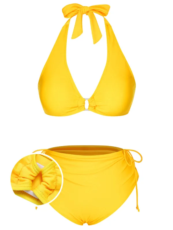 Yellow 1970s Lace-Up Halter Bikini Set sold by Retro Stage