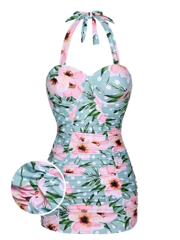 Green & Pink 1930s Floral Polka Dot Halter Swimsuit sold by Retro Stage