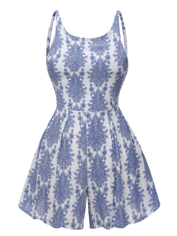 Blue 1950s Strap Print Backless Romper sold by Retro Stage