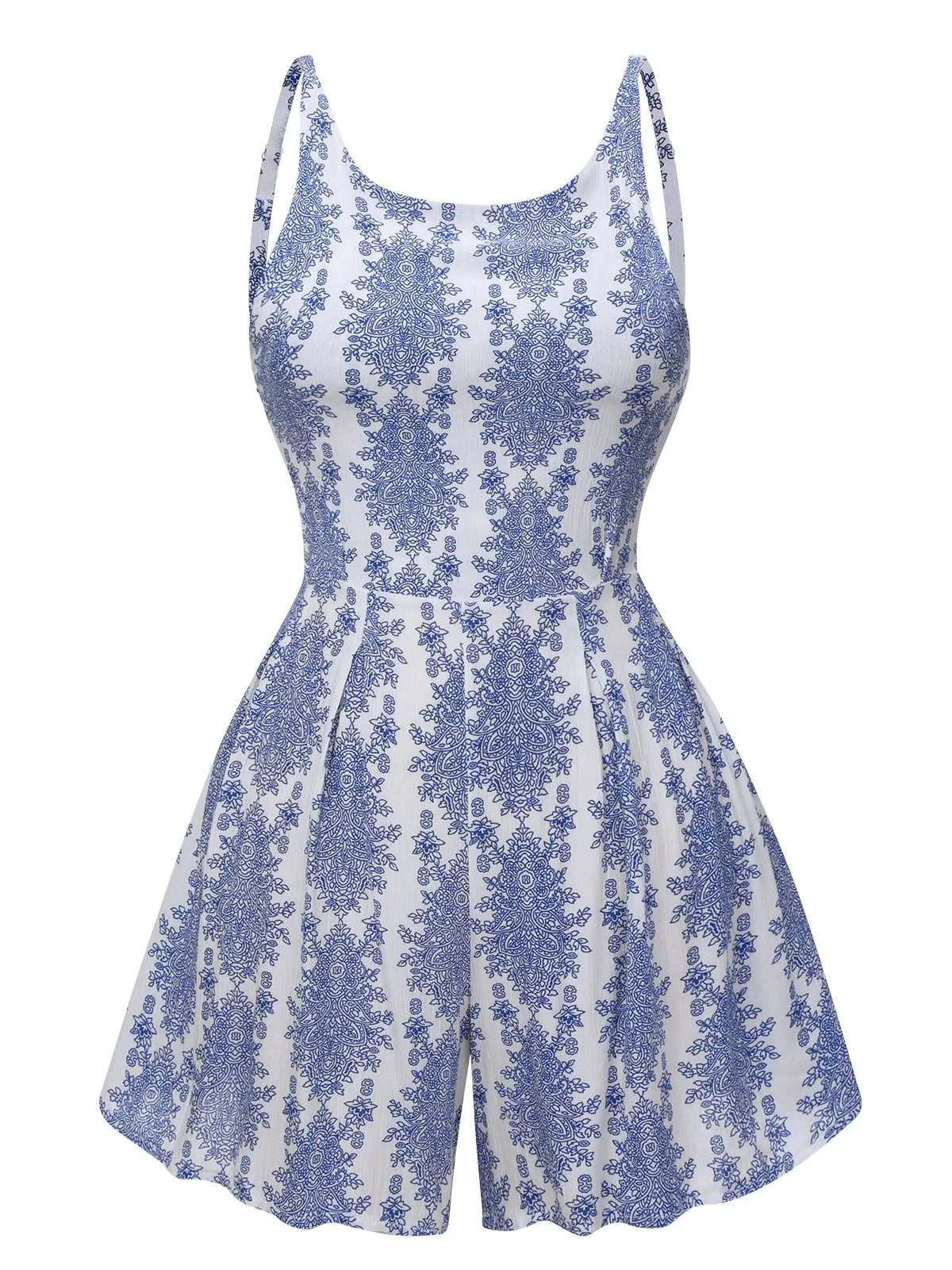 Blue 1950s Strap Print Backless Romper sold by Retro Stage