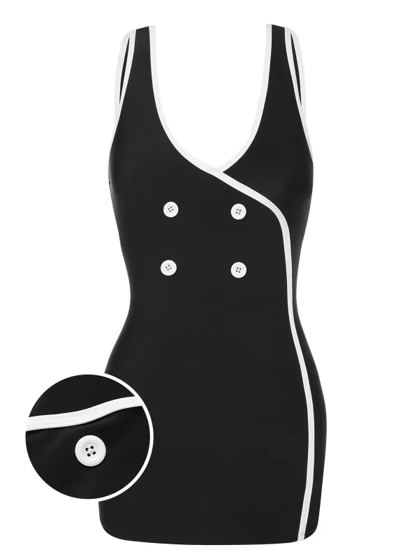 Black & White 1960s Solid Contrast Binding Swimsuit sold by Retro Stage