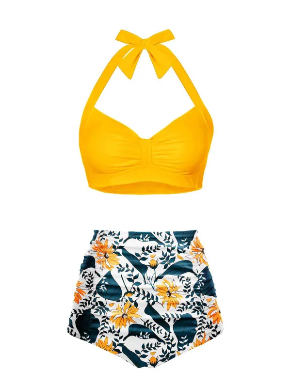 1940s Halter Pleated Solid Swimsuit sold by Retro Stage