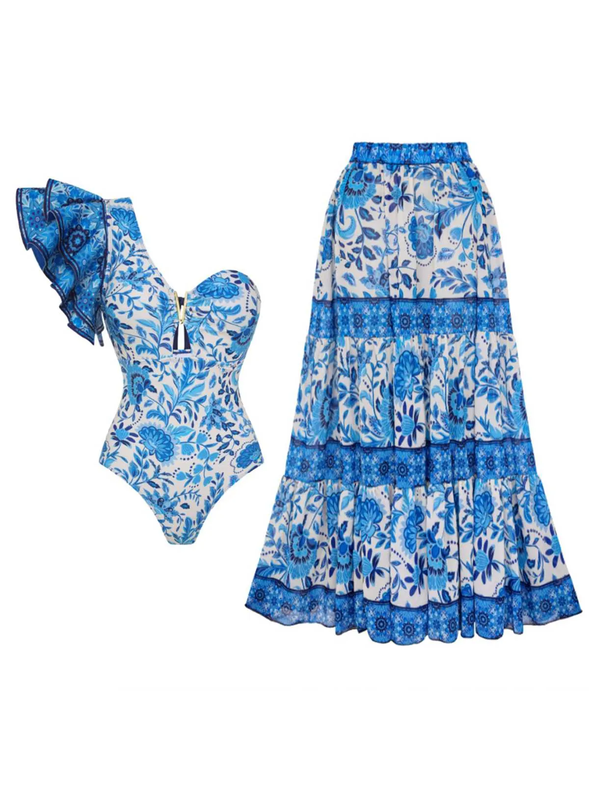 2PCS Blue 1950s One-Shoulder Print Swimsuit & Cover-Up sold by Retro Stage