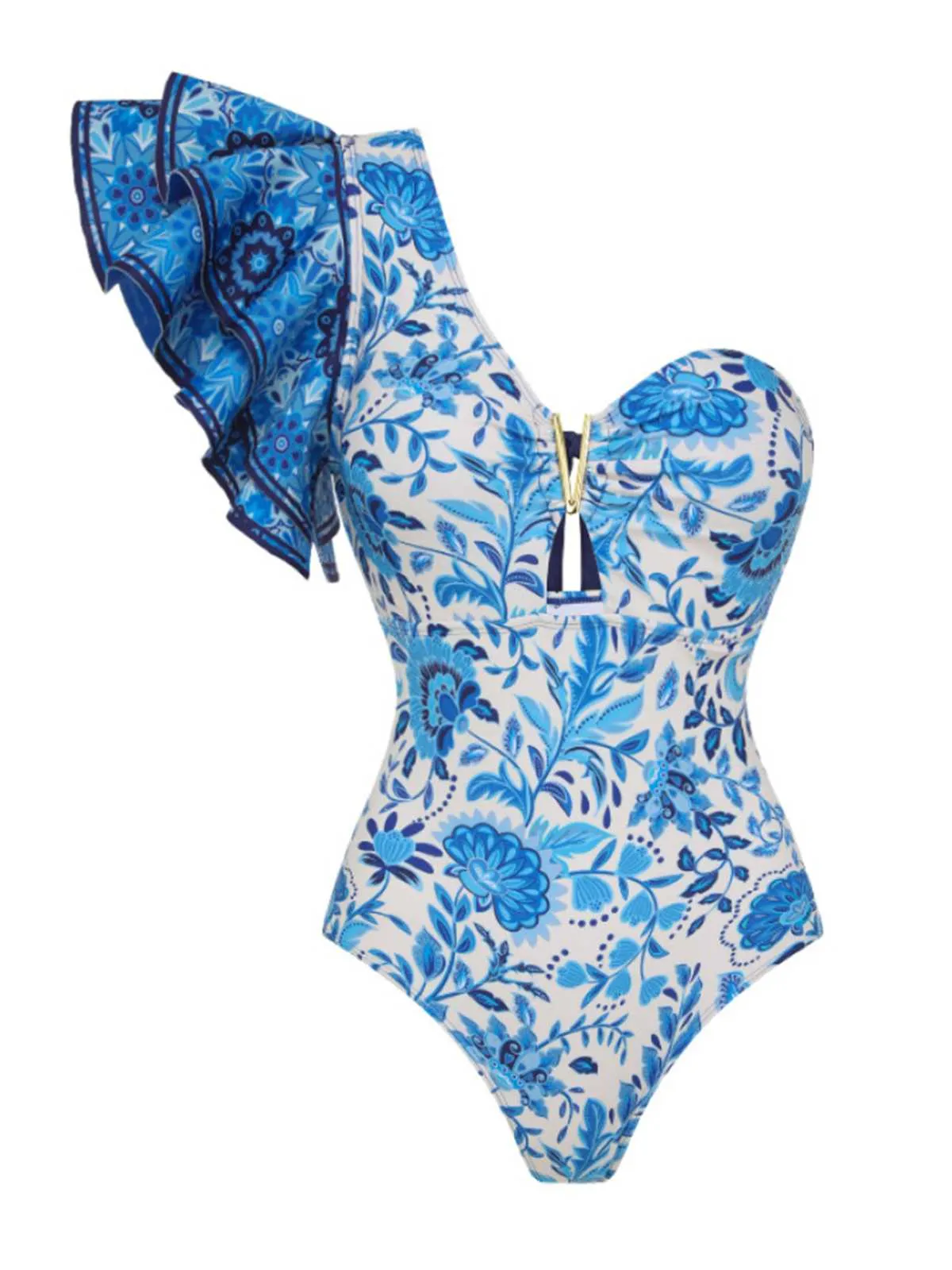 2PCS Blue 1950s One-Shoulder Print Swimsuit & Cover-Up sold by Retro Stage product image thumbnail 2