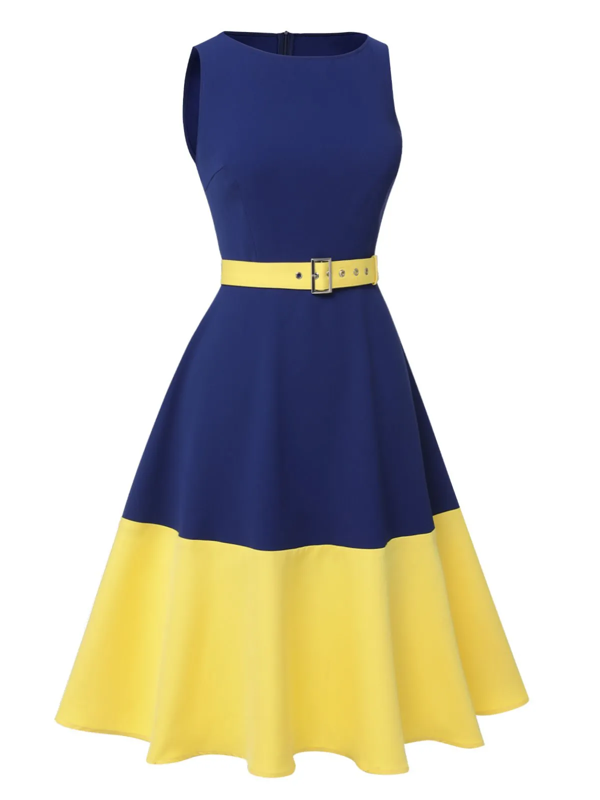 Dark Blue & Yellow 1950s Solid Boat Neck Dress sold by Retro Stage product image thumbnail 3