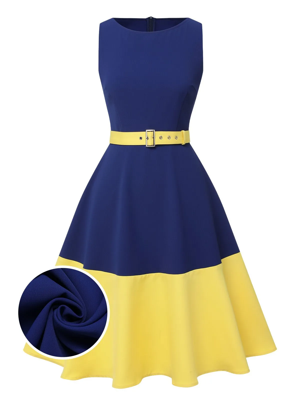 Dark Blue & Yellow 1950s Solid Boat Neck Dress sold by Retro Stage