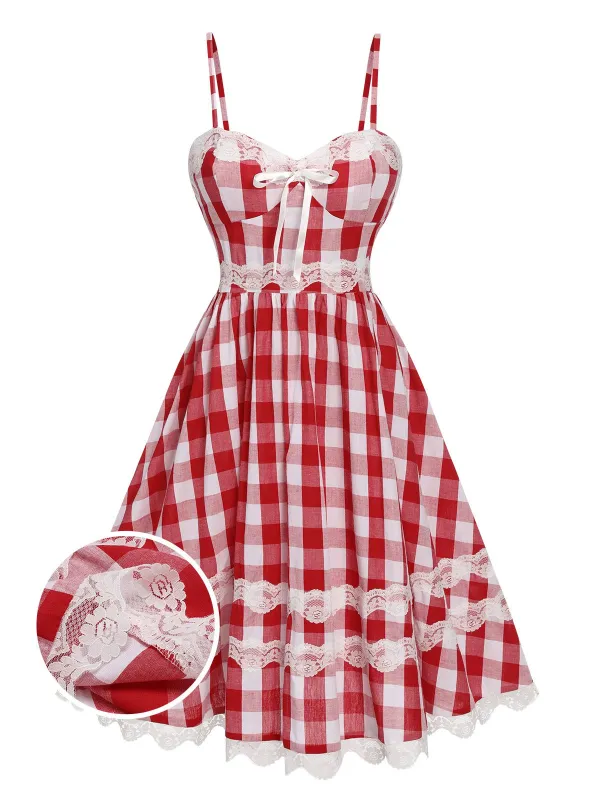 Red 1950s Plaid Lace Bow Strap Dress sold by Retro Stage