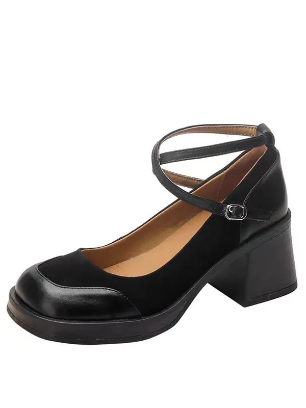 PU Leather Patchwork Square Toe Chunky Heels sold by Retro Stage