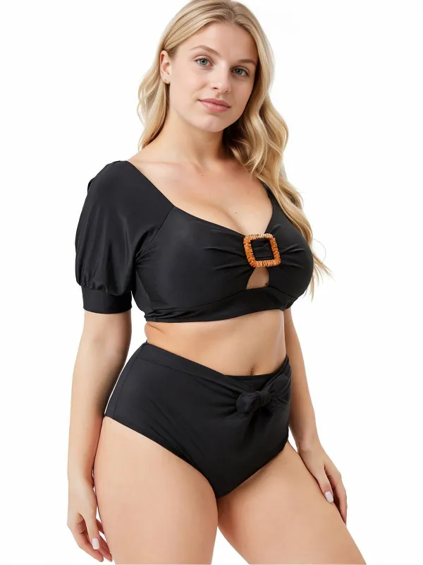 [Plus Size] Black 1960s Solid Hollow Puff Swimsuit sold by Retro Stage