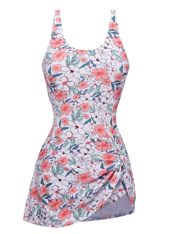 White 1930s Floral Wide Strap Swimsuit sold by Retro Stage