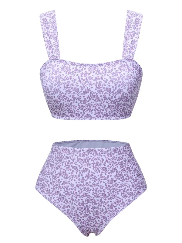 Lavender 1950s Floral Wide Strap Swimsuit sold by Retro Stage