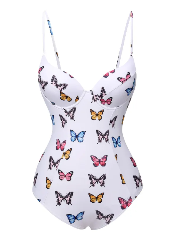 White 1970s Butterfly Strap One-Piece Swimsuit sold by Retro Stage