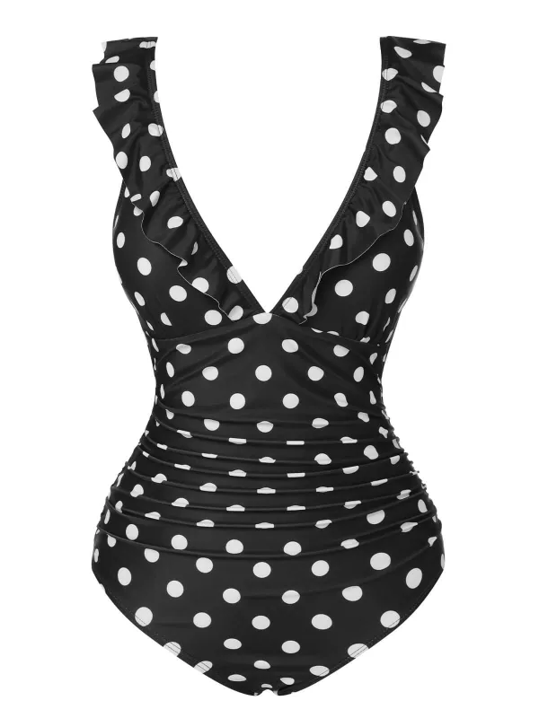 Black 1950s Polka Dot Ruffle V-Neck Swimsuit sold by Retro Stage