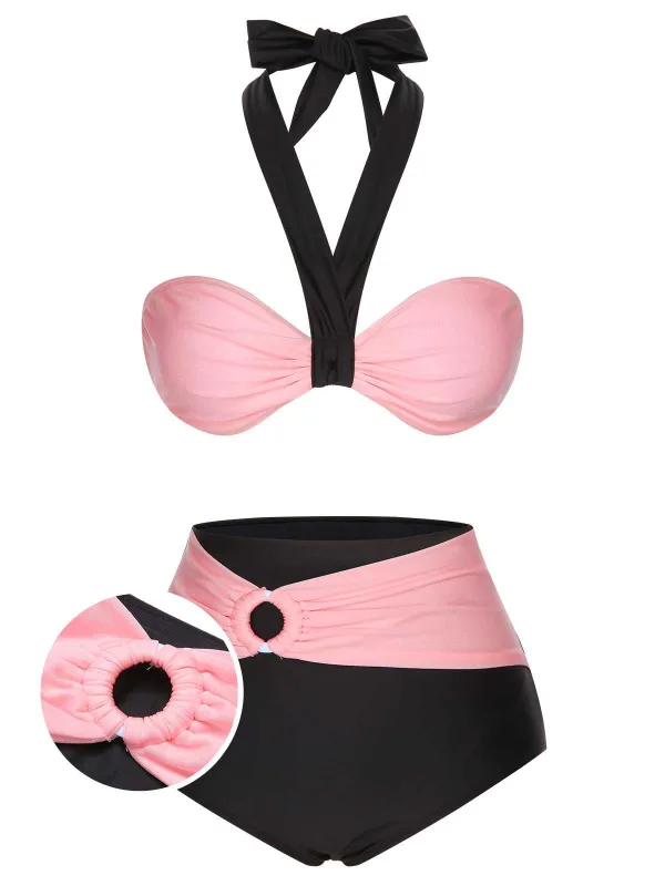 Black 1960s Halter Contrast Swimsuit sold by Retro Stage