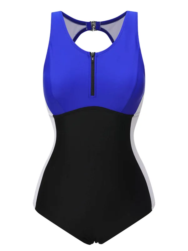 Blue Black White 1930s Color Block Swimsuit sold by Retro Stage