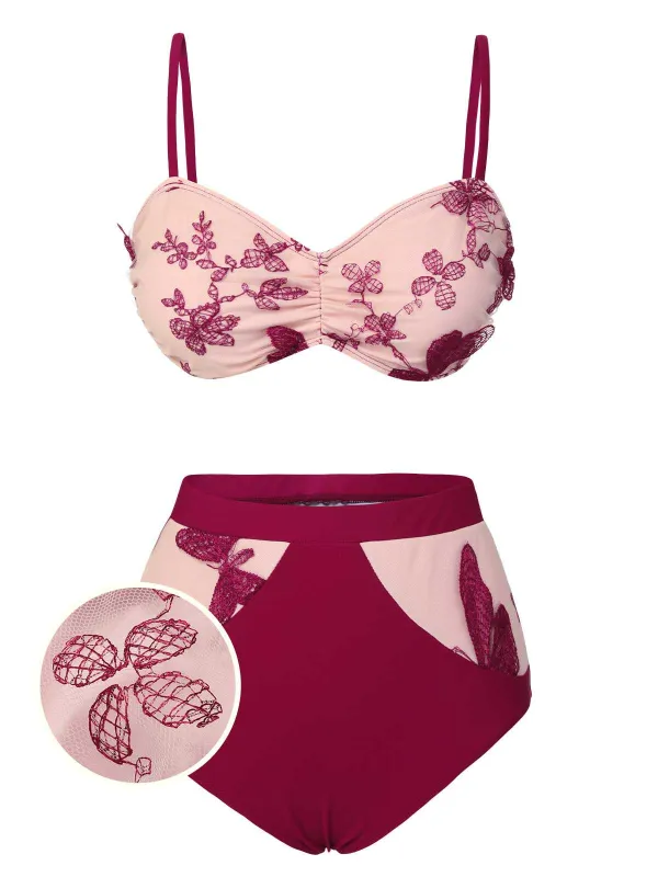 Wine Red 1950s Spaghetti Strap Butterflies Swimsuit sold by Retro Stage