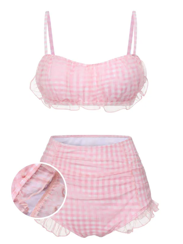 Pink 1940s Spaghetti Strap Mesh Plaids Swimsuit sold by Retro Stage