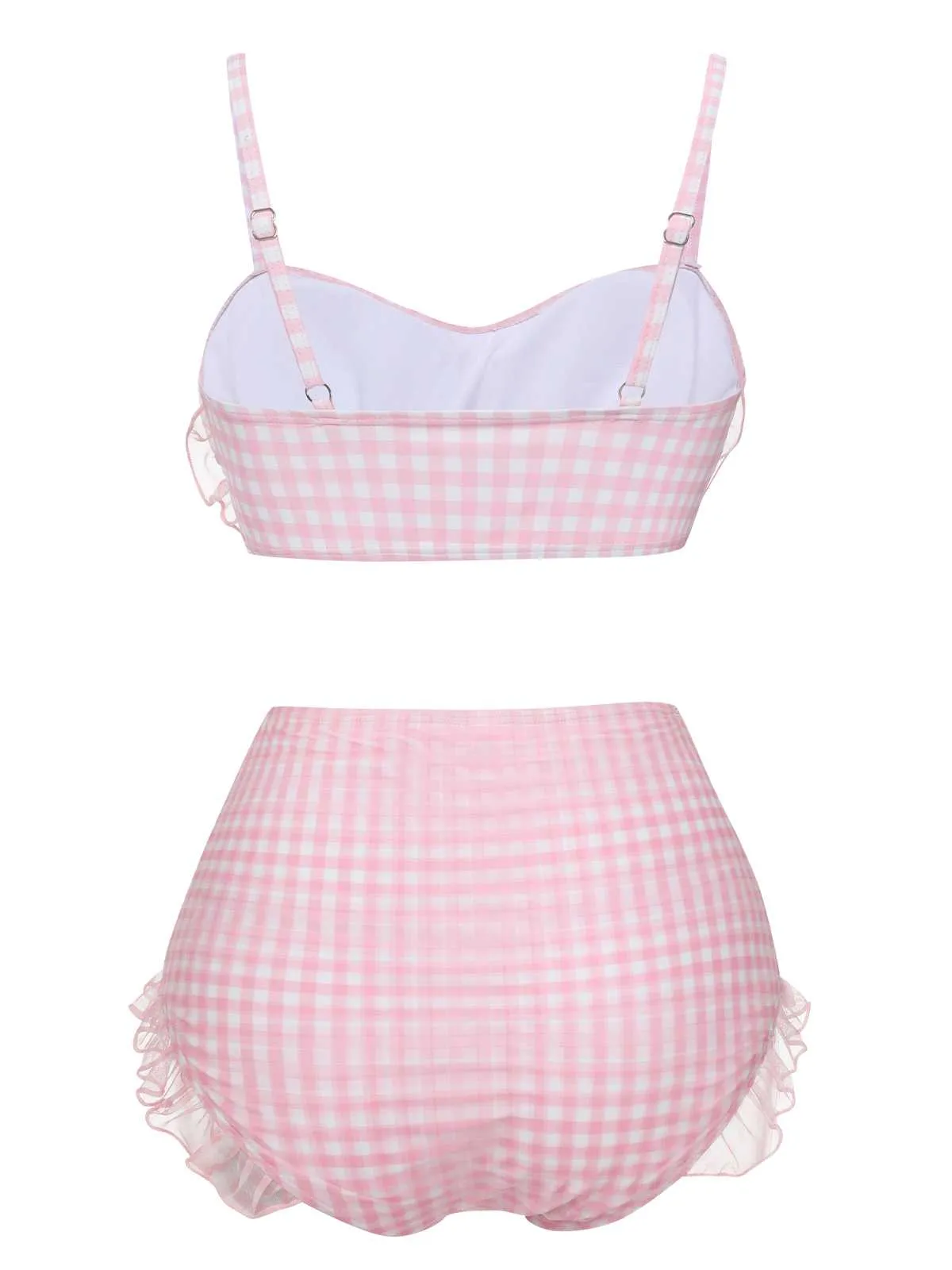 Pink 1940s Spaghetti Strap Mesh Plaids Swimsuit sold by Retro Stage product image thumbnail 4