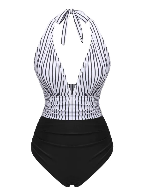 Black 1950s Deep V-Neck Stripe Swimsuit sold by Retro Stage