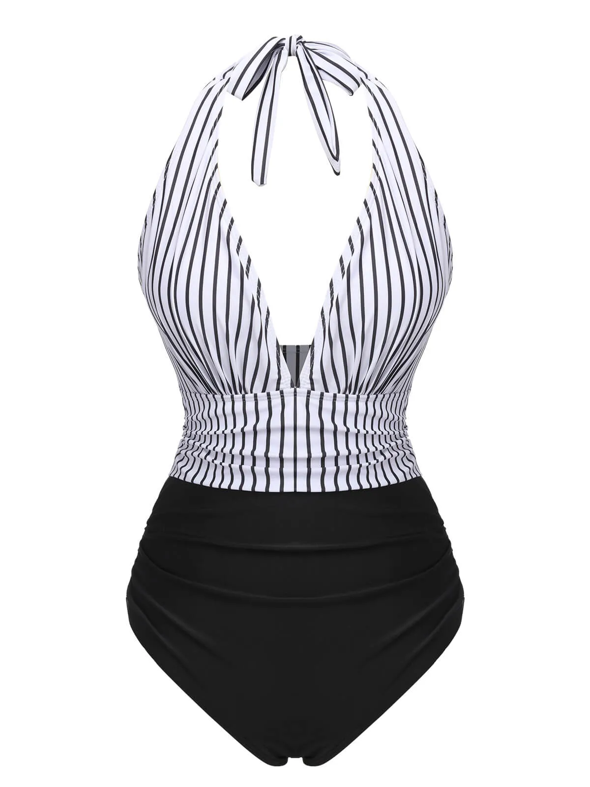 Black 1950s Deep V-Neck Stripe Swimsuit sold by Retro Stage