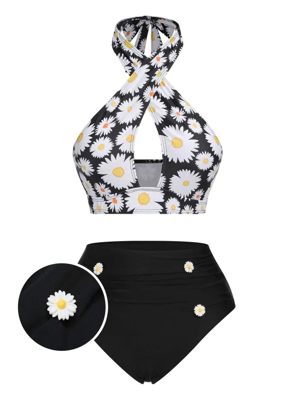 Black 1950s Daisy Cross Strap Swimsuit sold by Retro Stage