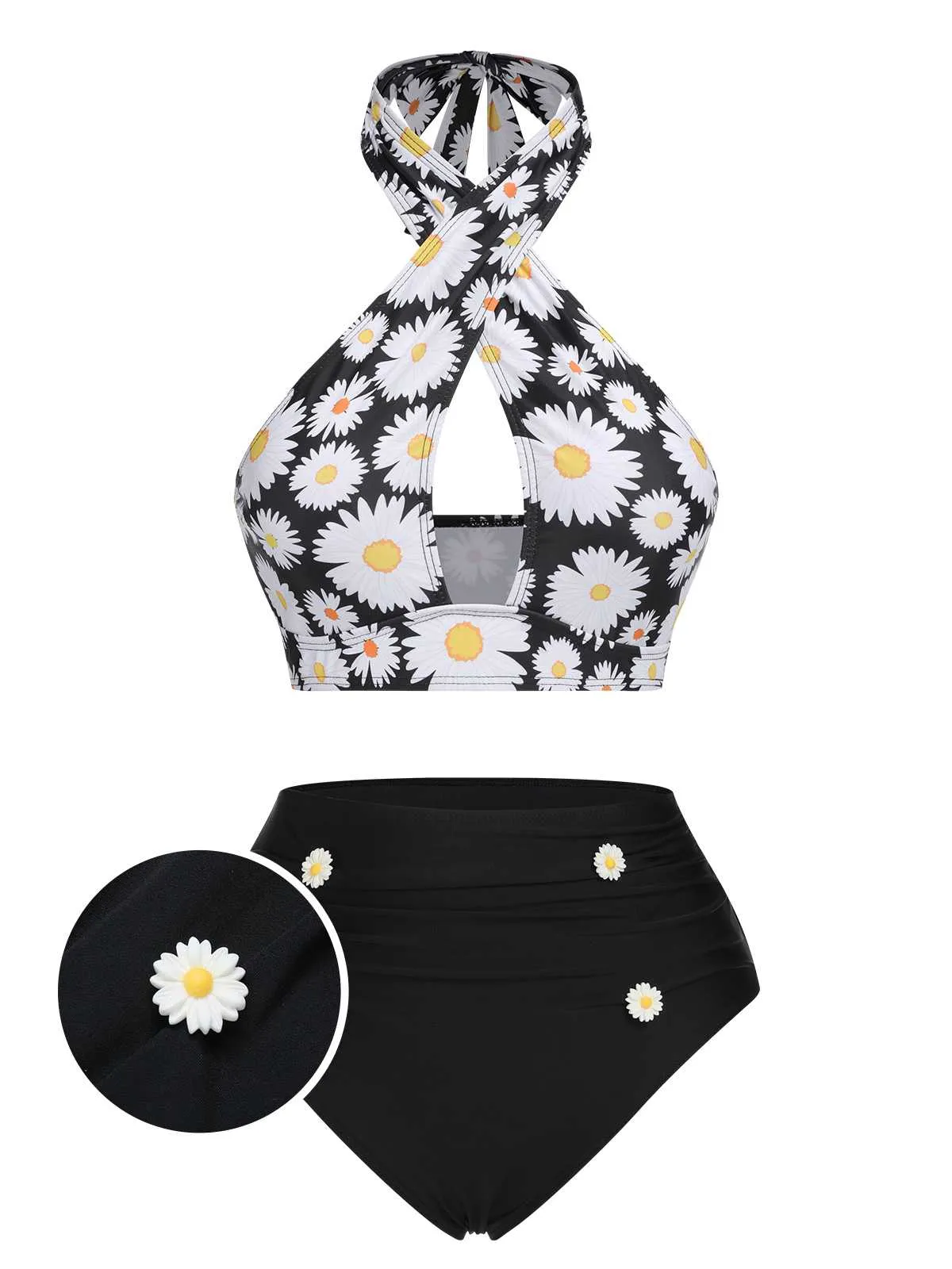 Black 1950s Daisy Cross Strap Swimsuit sold by Retro Stage