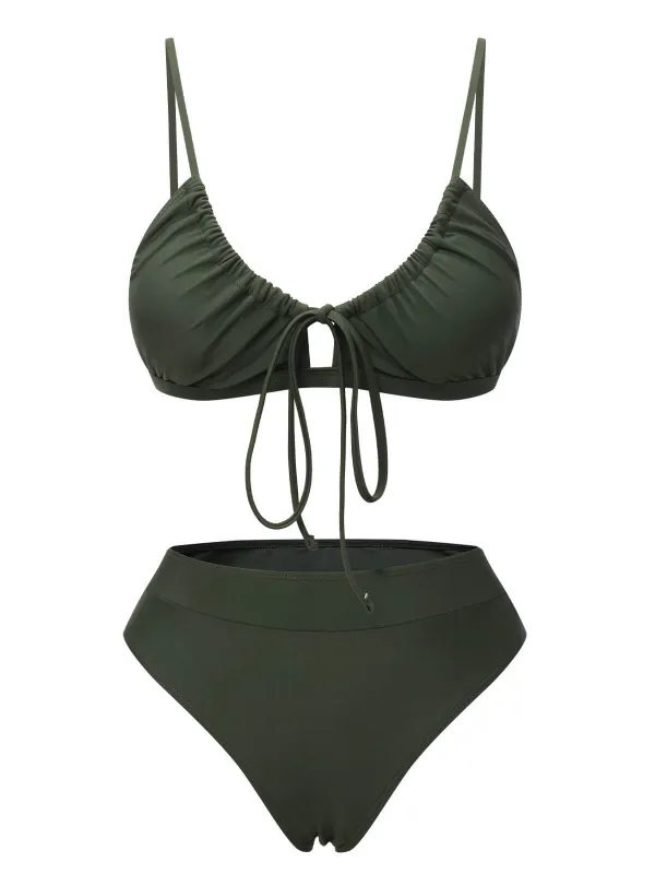 Army Green 1950s Solid Drawstring Halter Bikini sold by Retro Stage