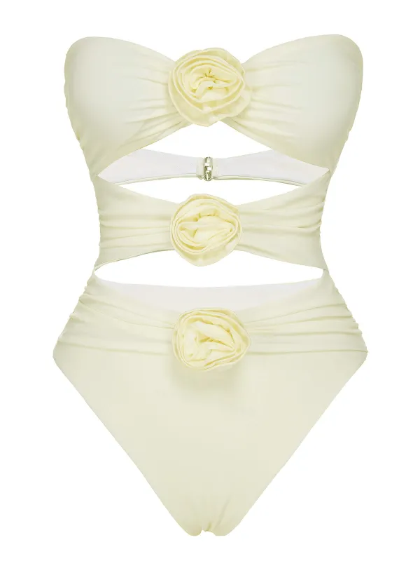 White 1930S 3D Flowers Hollow Bandeau Swimsuit sold by Retro Stage