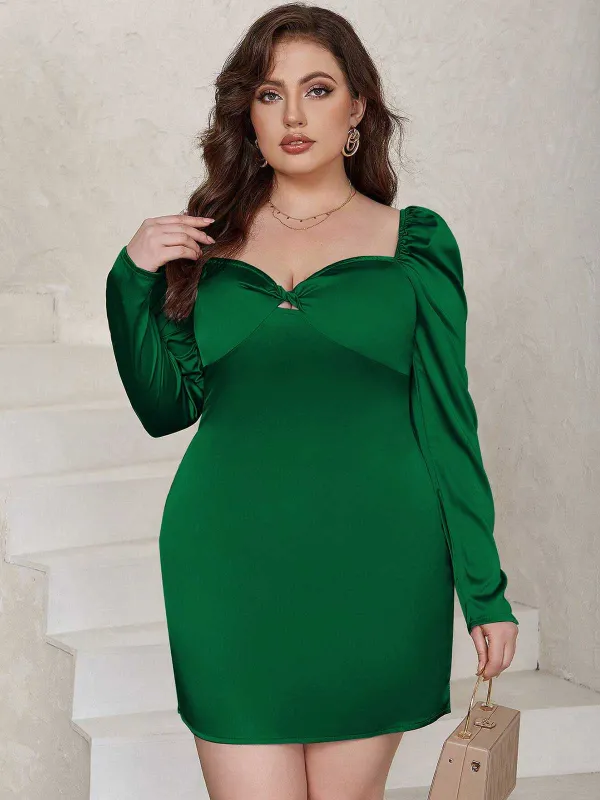 [Plus Size] Green 1960s Sweetheart Neck Solid Wrap Dress sold by Retro Stage