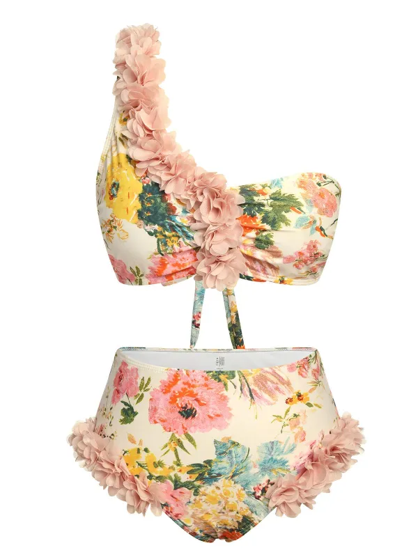 Pink 1950s 3D Lace Floral One-Shoulder Swimsuit sold by Retro Stage