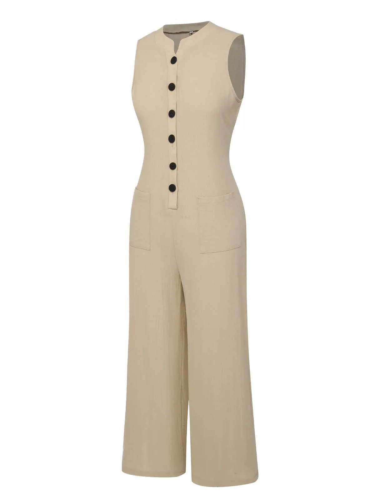 Beige 1940s Pockets Solid Sleeveless Jumpsuit sold by Retro Stage product image thumbnail 2