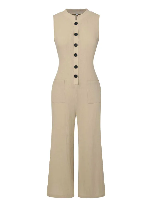 Beige 1940s Pockets Solid Sleeveless Jumpsuit sold by Retro Stage