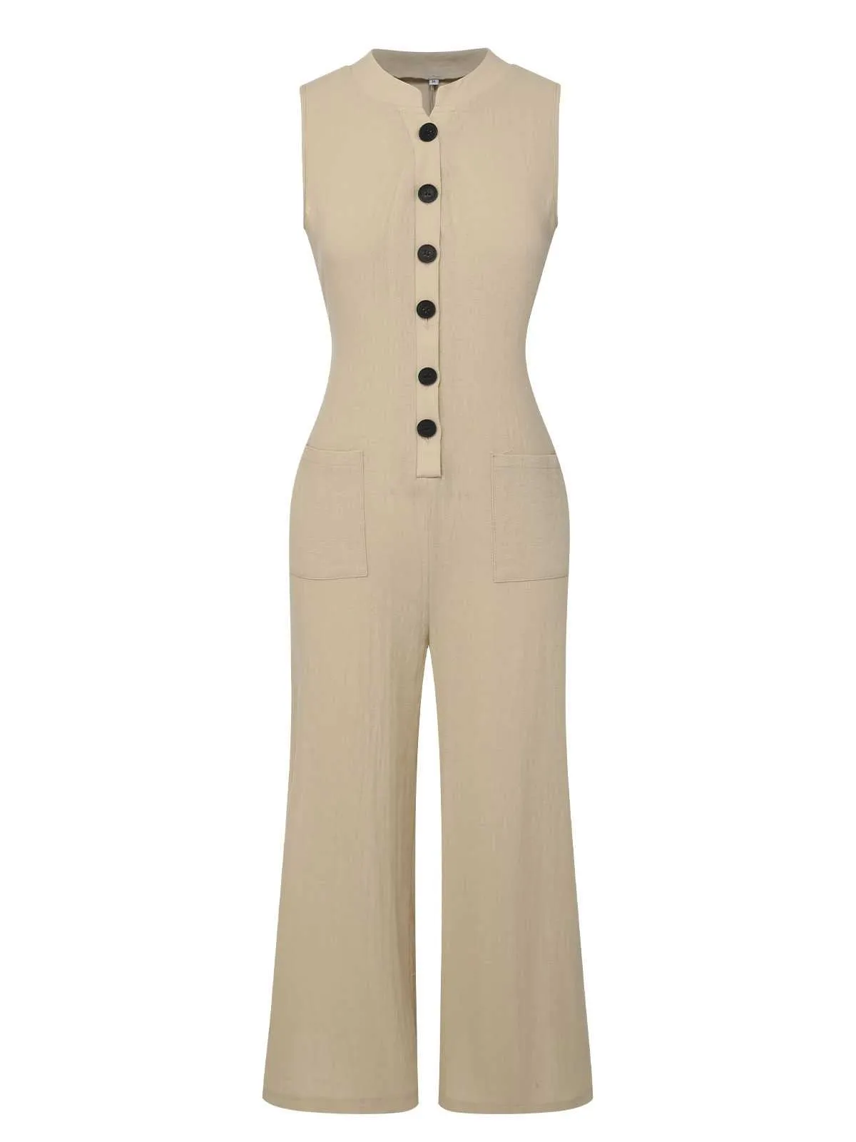 Beige 1940s Pockets Solid Sleeveless Jumpsuit sold by Retro Stage