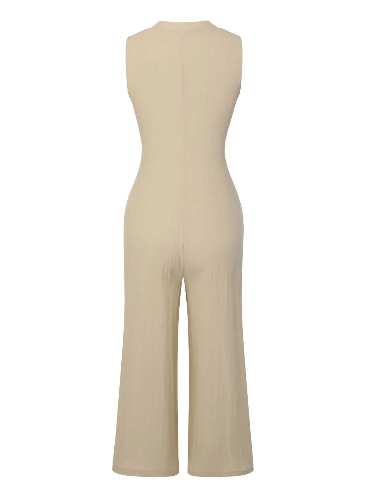 Beige 1940s Pockets Solid Sleeveless Jumpsuit sold by Retro Stage product image thumbnail 3