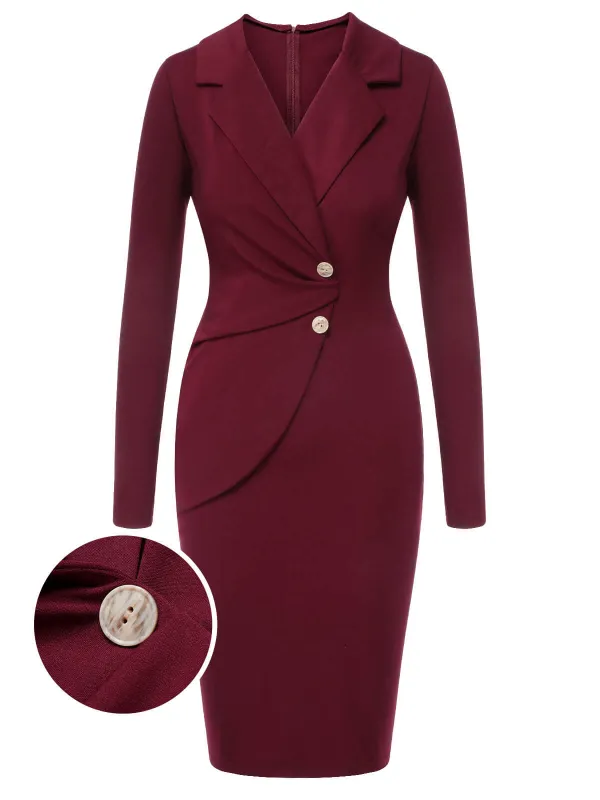Purplish Red 1940s Solid Long Sleeved Lapel Dress sold by Retro Stage