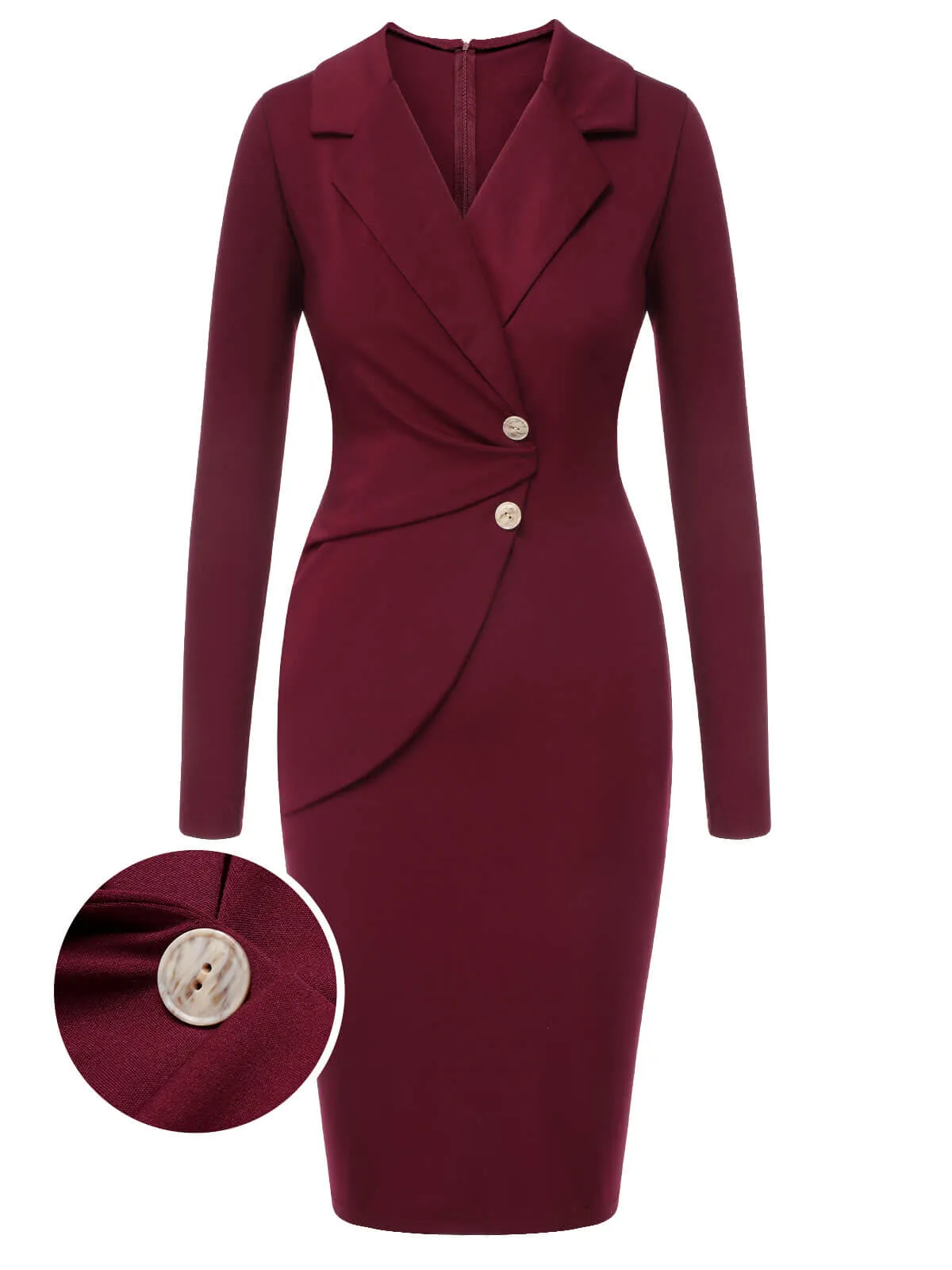 Purplish Red 1940s Solid Long Sleeved Lapel Dress sold by Retro Stage