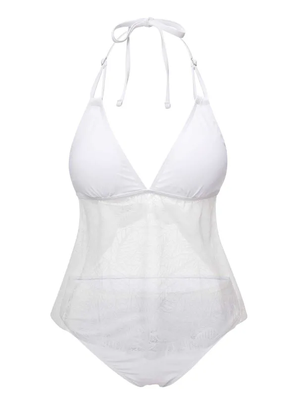 White 1930s Halter Backless Solid Swimsuit sold by Retro Stage