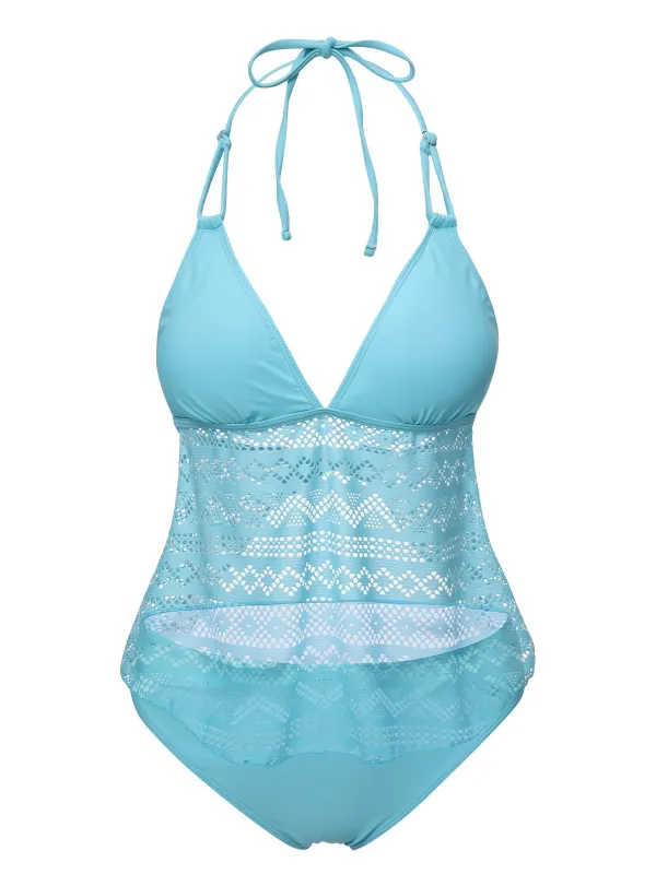 Light Blue 1930s Lace Hollow Halter Swimsuit sold by Retro Stage