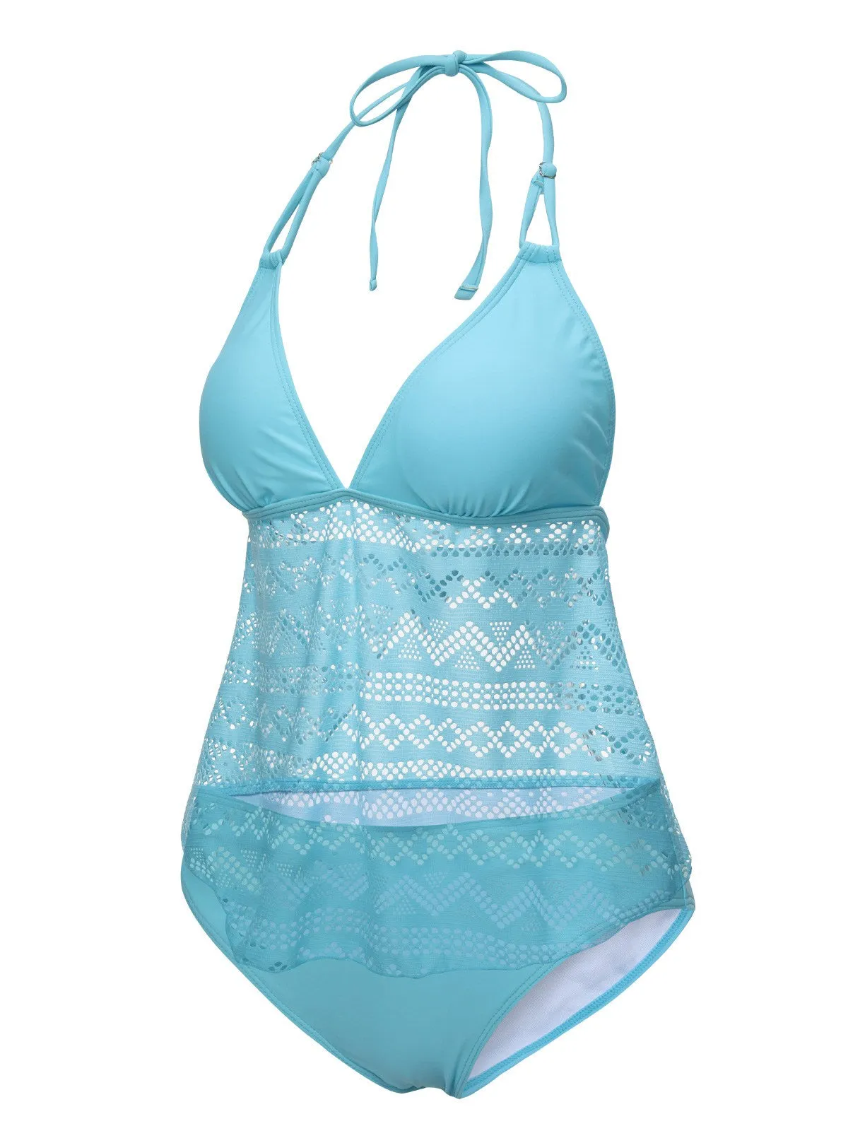 Light Blue 1930s Lace Hollow Halter Swimsuit sold by Retro Stage product image thumbnail 2