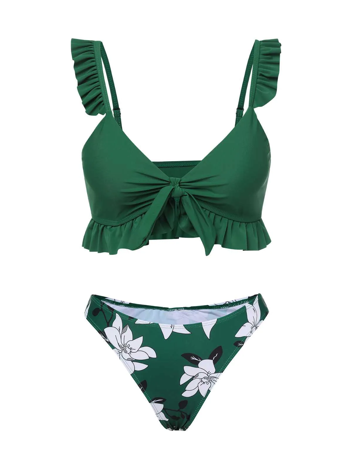 Green 1960s Strap Floral Ruffles Swimsuit sold by Retro Stage product image thumbnail 4