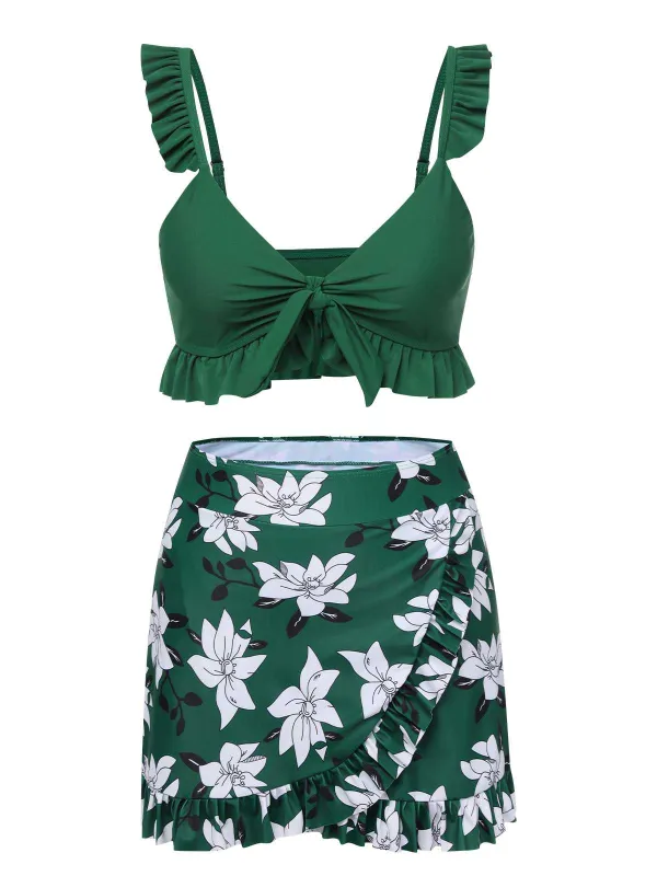 Green 1960s Strap Floral Ruffles Swimsuit sold by Retro Stage